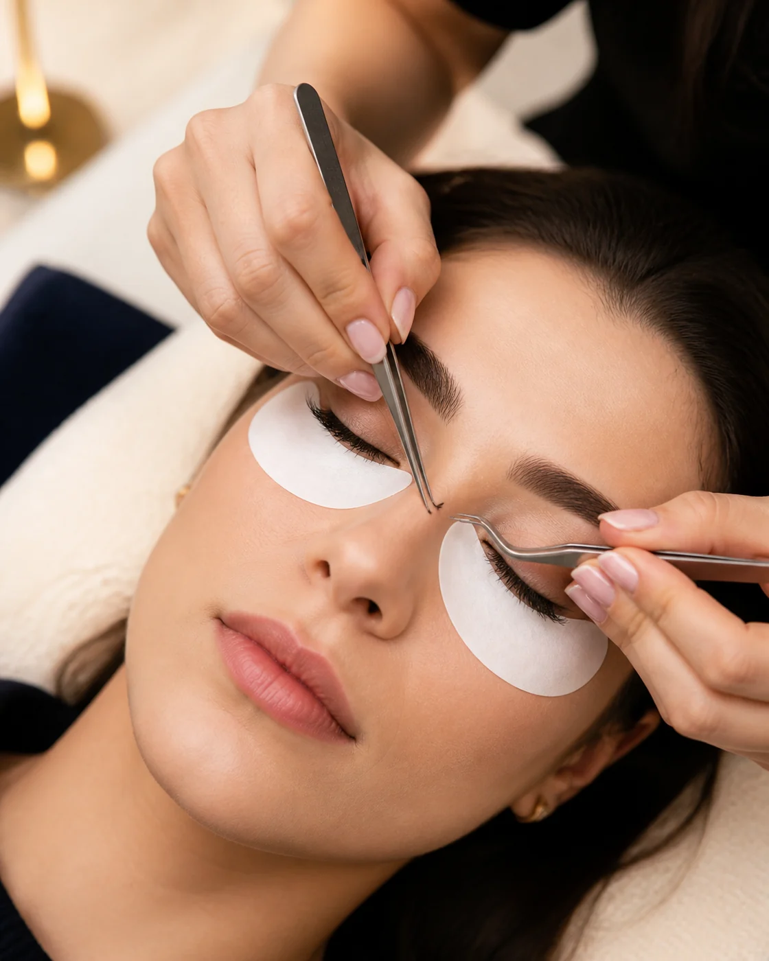 Professionelle Wimpernverlängerung während der präzisen Behandlung