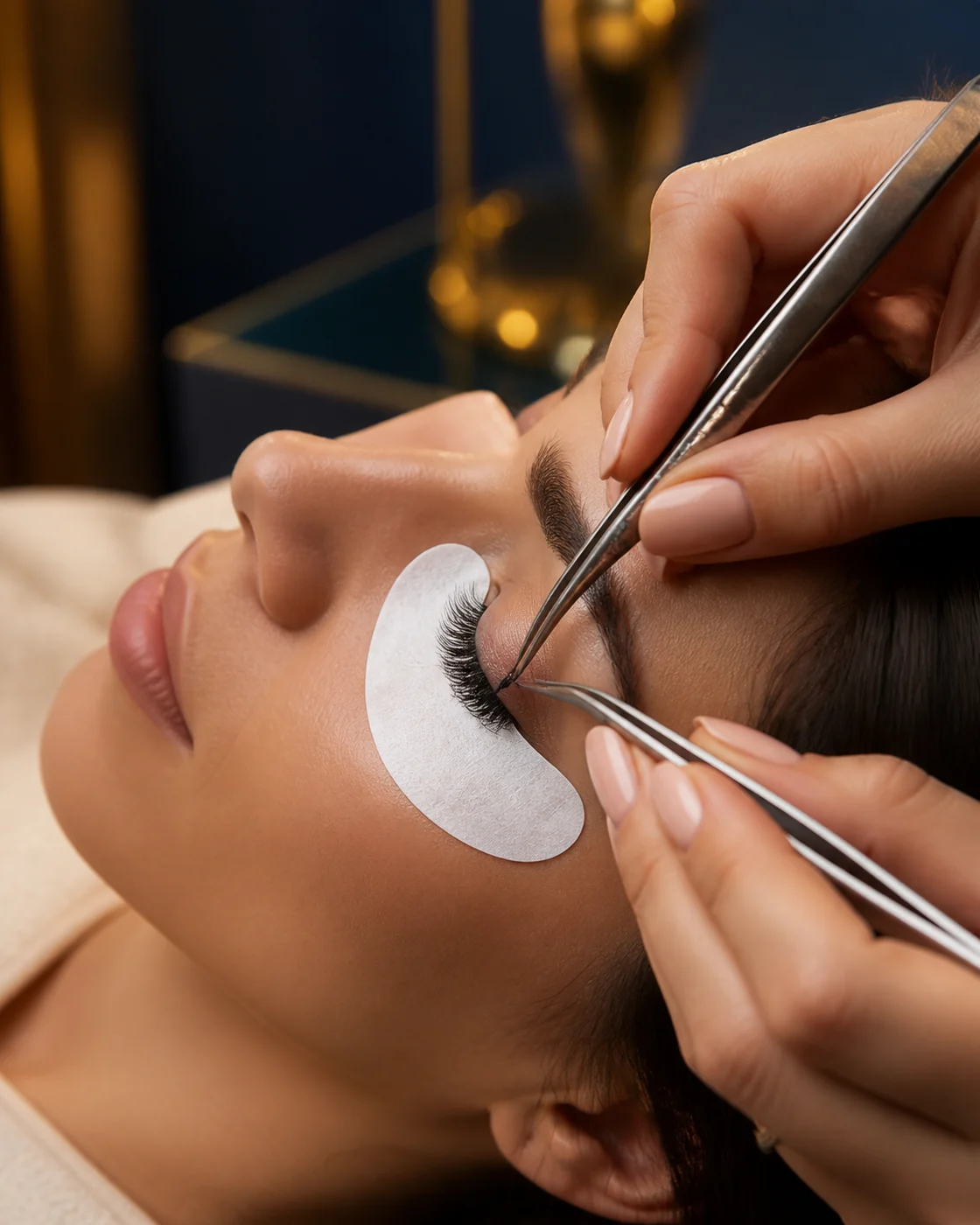 Wimpernbehandlung mit zwei feinen Präzisionspinzetten in Seitenansicht