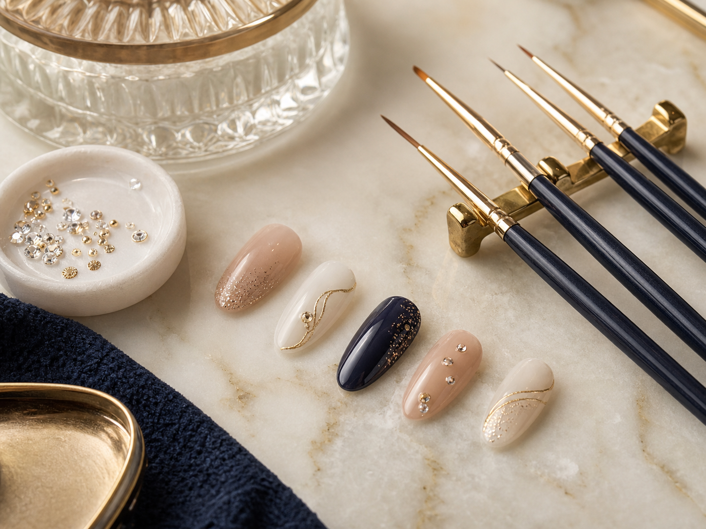 Elegante Nail-Art-Extras mit feinen Pinseln und dezenten Goldakzenten