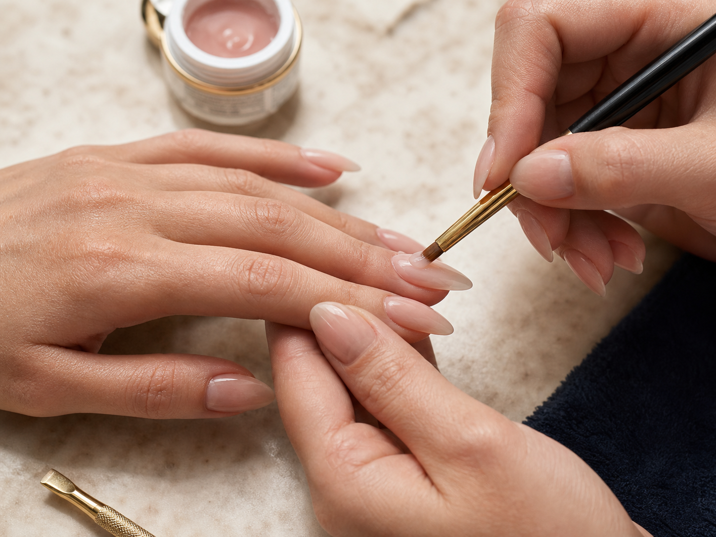 Professionelle Modellage eines eleganten Pulver-Gel-Nagels